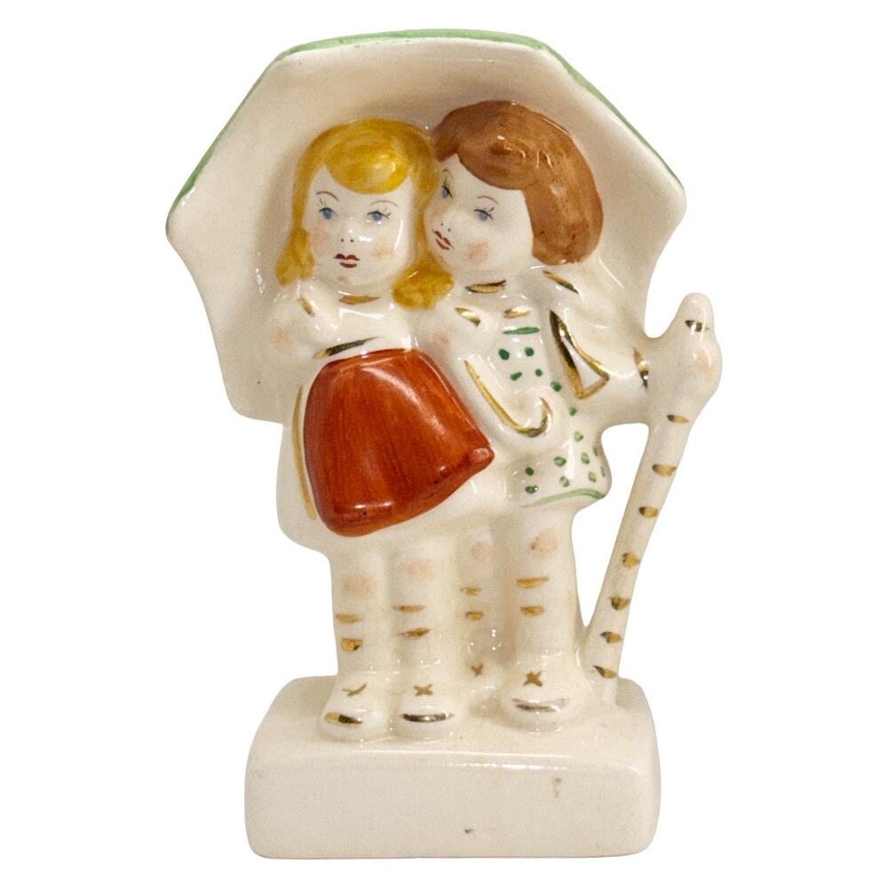 Dutch Boy Girl Walking in Rain Umbrella Ceramic Figurine Vintage